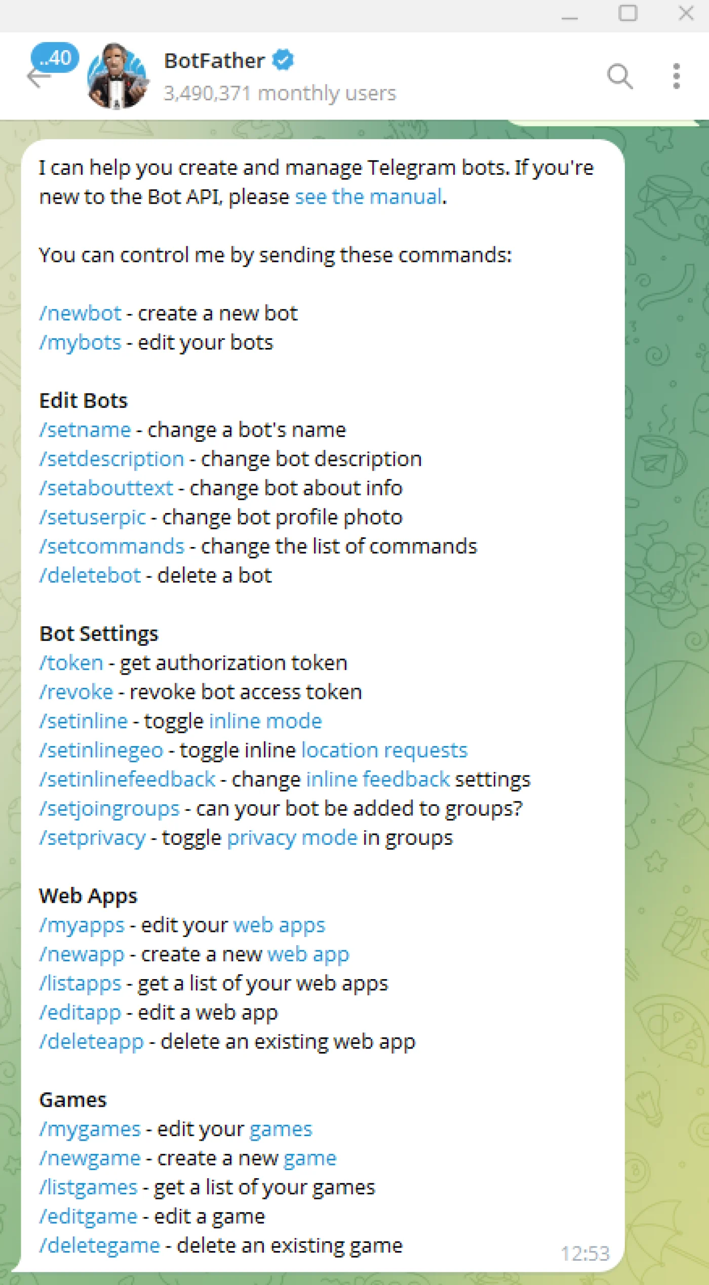 گزینه های ساخت بات در bothfather telegram